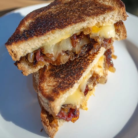 Close-up of a perfectly toasted Bacon Jam Grilled Cheese with crispy bacon and gooey cheese.