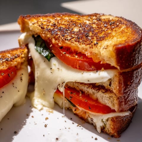 A close-up of a perfectly toasted tomato basil grilled cheese, ready to be sliced and devoured.