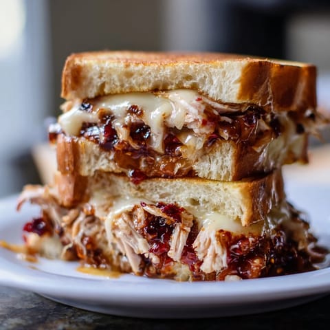 Close-up of a perfectly grilled Chili Crisp Honey Chicken Grilled Cheese, oozing cheese and delicious flavors.