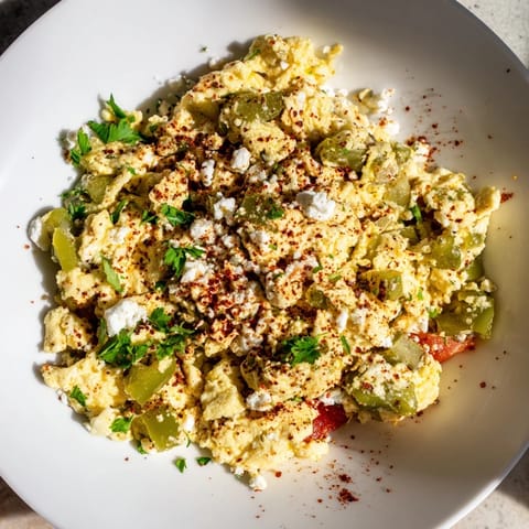 A close-up of a sizzling Turkish Menemen, a flavorful breakfast loaded with fresh, cooked vegetables.