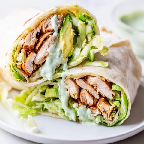 A close-up of the Smoky Chipotle Chicken Wrap sliced in half to reveal layers of juicy chicken, fresh veggies, and sauce.  
