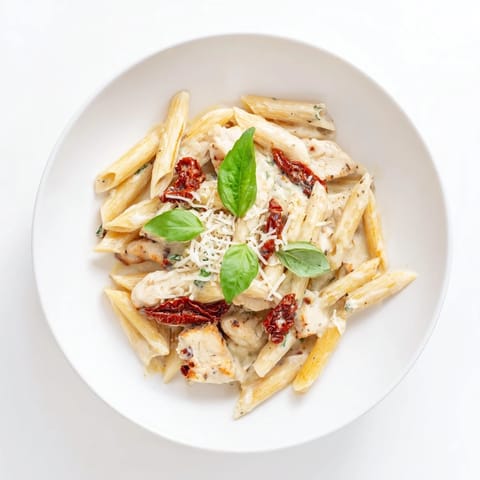 A close-up of penne pasta coated in a rich, garlicky cream sauce with juicy chicken strips and sun-dried tomatoes, ready to serve.  