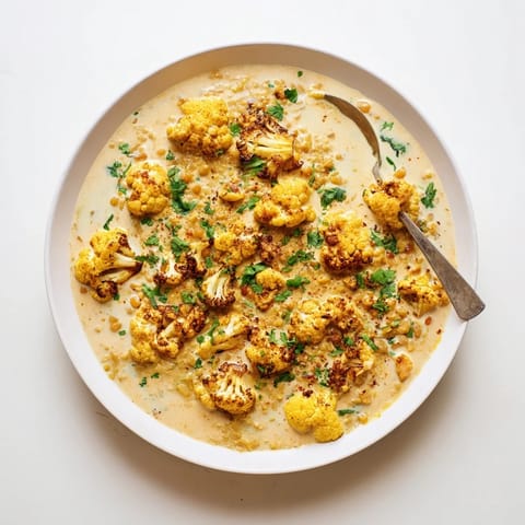 A warm bowl of spiced dhal featuring tender red lentils and crispy, golden-brown cauliflower, perfect for a cozy dinner.