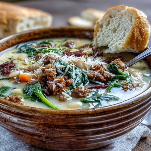 Creamy Tuscan White Bean Soup with Sausage in a rustic bowl, topped with Parmesan and wilted spinach, steam rising.
