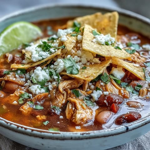 Homemade Chicken Tortilla Soup featuring tender shredded chicken, pinto beans, and corn, garnished with creamy avocado slices and fresh lime wedges.