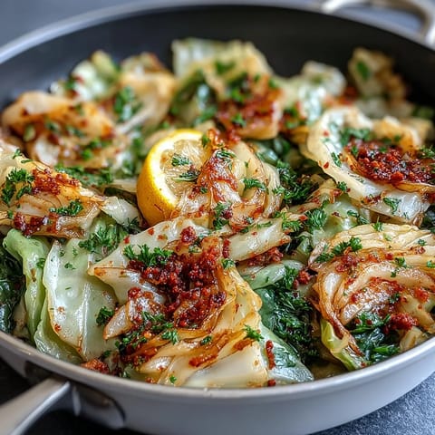 Golden-green cabbage sautéed with garlic and spices in a skillet, topped with fresh parsley for a quick side dish. 