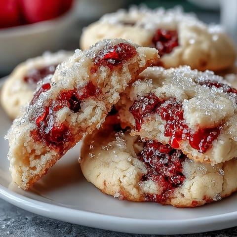 Stack of Soft Chewy Raspberry Sugar Cookies showing tender crumb, ruby-red raspberry pieces, and a sweet glint from the sugar coating.