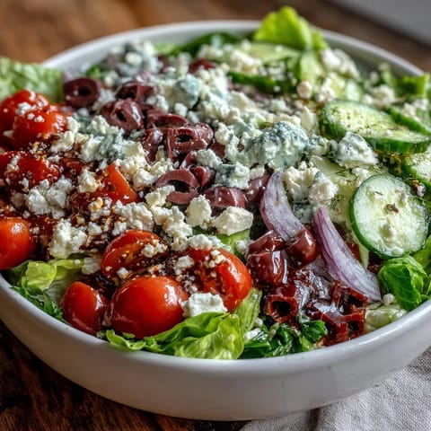 Colorful Greek Salad Bowl featuring crunchy cucumbers, tangy red onion, and feta, ready to serve with a classic vinaigrette.