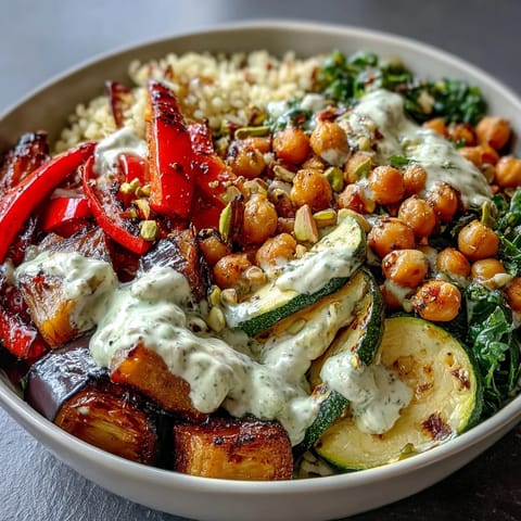 Vibrant Mediterranean Buddha Bowl Meal Prep features roasted vegetables, chickpeas, and pistachios beside creamy tahini dressing.