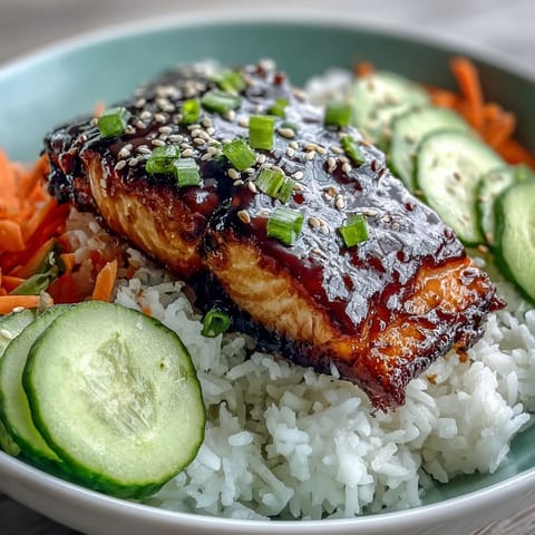 Asian-Inspired Salmon Bowl featuring juicy salmon on steamed rice with edamame, carrots, and bell peppers, drizzled with soy-ginger glaze.