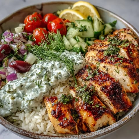 Juicy Greek-seasoned chicken thighs nestled in fluffy oregano rice, topped with briny olives, crisp veggies, and cool tzatziki in a hearty meal bowl.