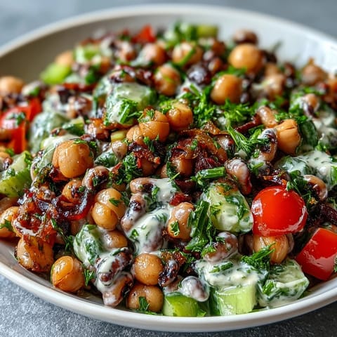 Creamy tahini dressing is poured over a bowl of the New Years Hoppin John Salad featuring cherry tomatoes, green onions, and fresh parsley.