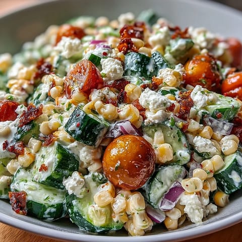 A chilled bowl of Street Corn Creamy Cucumber Salad featuring corn, tomatoes, and a zesty lime dressing.