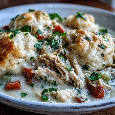 Family-style Slow Cooker Ranch Chicken & Dumplings bubbling in a slow cooker, ready to serve with a spoon in the rich, ranch-infused broth.