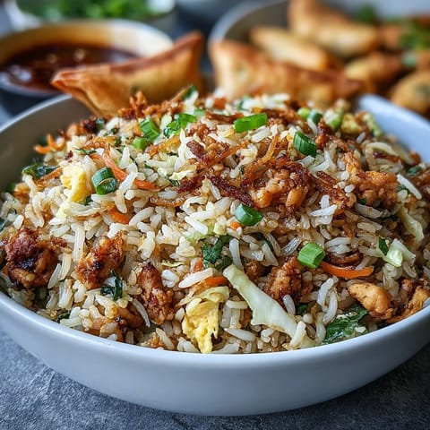 Steaming plate of Crispy Chicken Fried Rice with Egg Roll Flavors, featuring crisp cabbage and golden scrambled eggs.