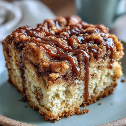 A warm square of High-Protein Cinnamon Swirl Coffee Cake Oats served with Greek yogurt and fresh berries.
