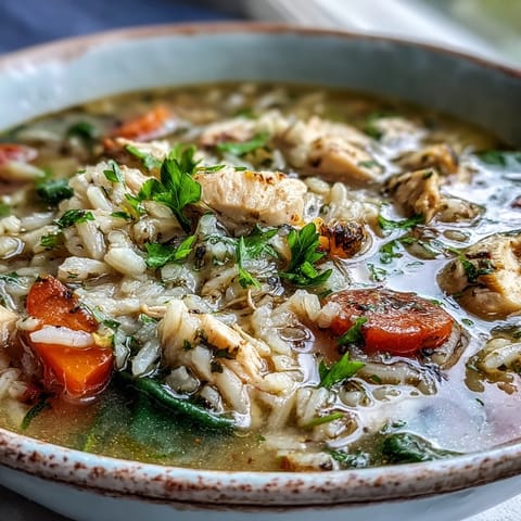 Hearty One-Pot Lemon Chicken Rice Soup with Veggies served in a rustic bowl with spoon.