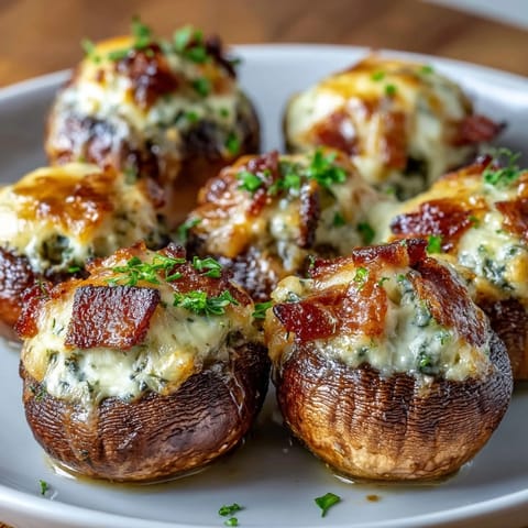 Keto bacon and cheese stuffed mushrooms bursting with creamy filling and crispy bacon, baked to golden perfection.  