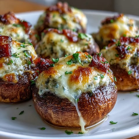Low-carb stuffed mushrooms with savory bacon and melted cheese, perfect for keto appetizers or game day snacks.  