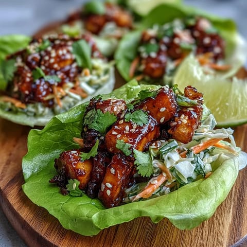 Crispy tofu glazed in sweet chili sauce served in fresh lettuce cups with crunchy veggie slaw. A vibrant vegan appetizer or light main dish.