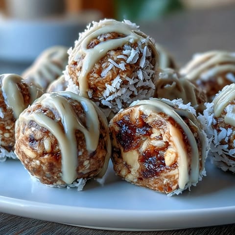 Creamy tahini and sweet Medjool dates blended into no-bake energy balls, rolled in coconut for a protein-packed snack.  