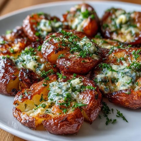 Golden-brown smashed potatoes topped with creamy garlic butter, fresh parsley, and chives for a flavorful side.  