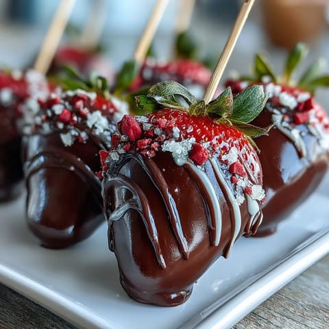 Elegant edible strawberry arrangement with dark and white chocolate, decorated with nuts and sprinkles for a festive touch.