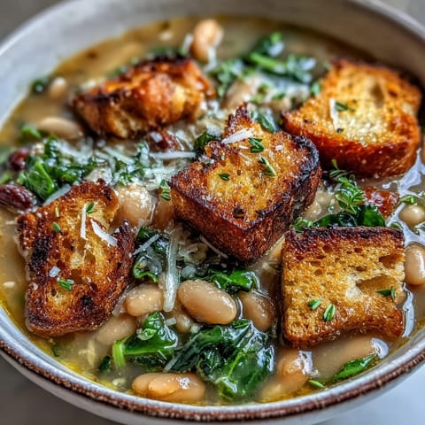 Hearty Tuscan ribollita soup with white beans, vegetables, and kale, topped with golden sourdough croutons for rustic Italian comfort.