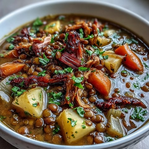 A steaming bowl of ham bone and lentil soup with tender root vegetables, garnished with fresh parsley and served with lemon wedges.  