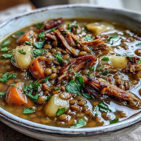 Rich ham bone broth simmered with brown lentils, diced carrots, parsnips, and potatoes for a hearty, comforting soup.  