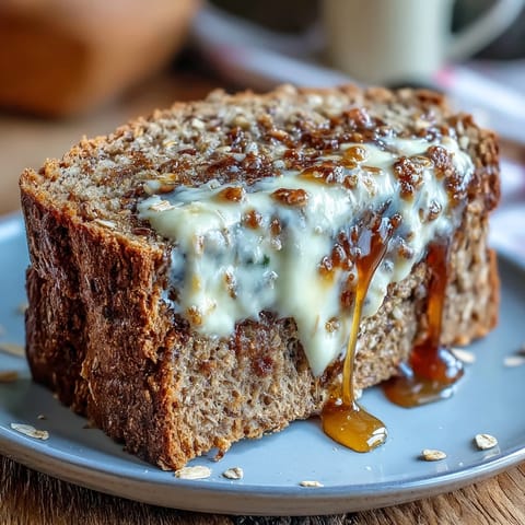 A rustic Irish brown bread loaf with a golden crust, sliced and served with creamy honey butter on a wooden board.