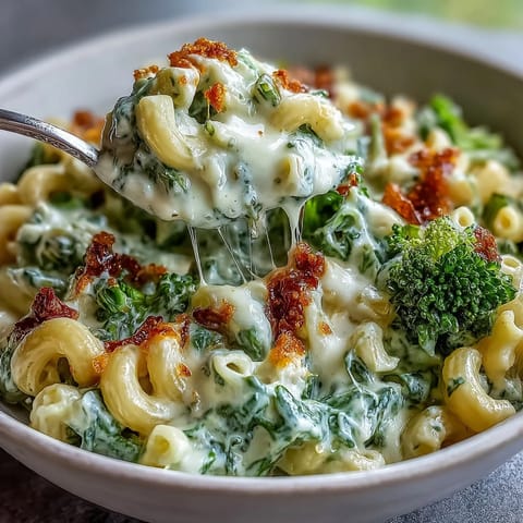 Creamy green mac and cheese with spinach and broccoli, baked to perfection with a golden cheese crust.  