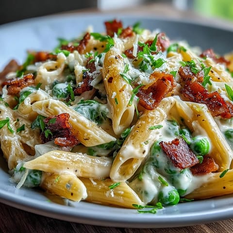 A one-pot creamy pasta dish featuring sweet leeks, savory ham, and bright peas, all enveloped in a luscious Parmesan cream sauce.  