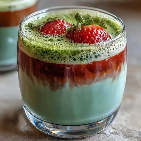 A vibrant strawberry matcha latte with creamy oat milk foam, showcasing layers of fresh strawberry puree and earthy green tea.