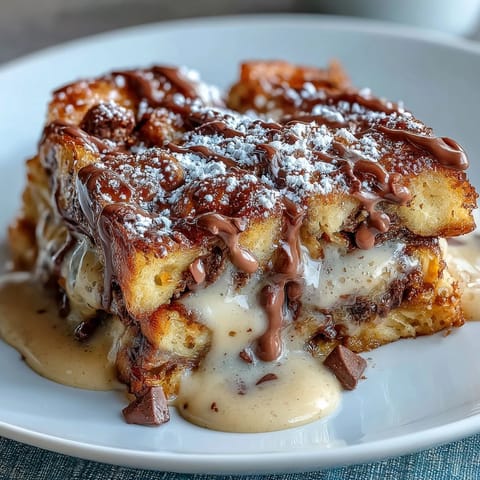 Decadent chocolate croissant bread pudding with buttery layers soaked in creamy custard and topped with melted chocolate chips.