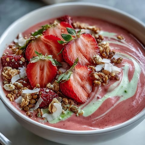Strawberry Matcha Latte Smoothie Bowl with vibrant pink smoothie base, topped with fresh strawberries, crunchy granola, and a sprinkle of matcha powder for a nourishing breakfast treat.
