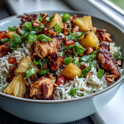 Hawaiian Pineapple Chicken Fried Rice with juicy pineapple chunks, tender chicken, and vibrant vegetables in a savory-sweet sauce.  