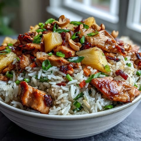 Colorful Hawaiian Pineapple Chicken Fried Rice featuring tropical pineapple, scrambled eggs, and jasmine rice for a flavorful weeknight dinner.  