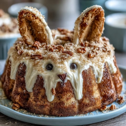 A whimsical Easter bunny cake covered in fluffy buttercream and shimmering gold sprinkles.  