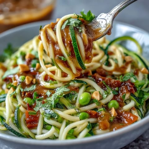 Vibrant zucchini noodles stir-fried with crisp vegetables and drizzled in creamy peanut sauce. Healthy, colorful, and perfect for a quick vegetarian meal.