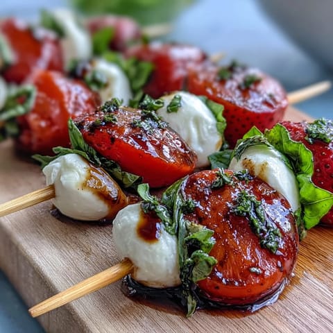 Sweet strawberries and creamy mozzarella basil skewers, finished with a tangy balsamic drizzle, perfect for parties.  