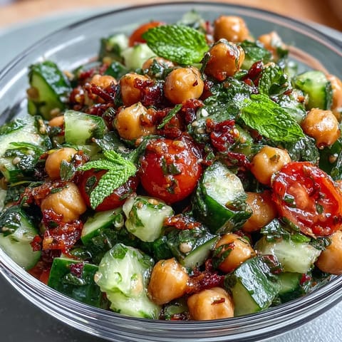 Healthy Easy Cucumber Chickpea Salad with Lemon Vinaigrette in a white bowl, garnished with fresh herbs, served with lemon wedges.