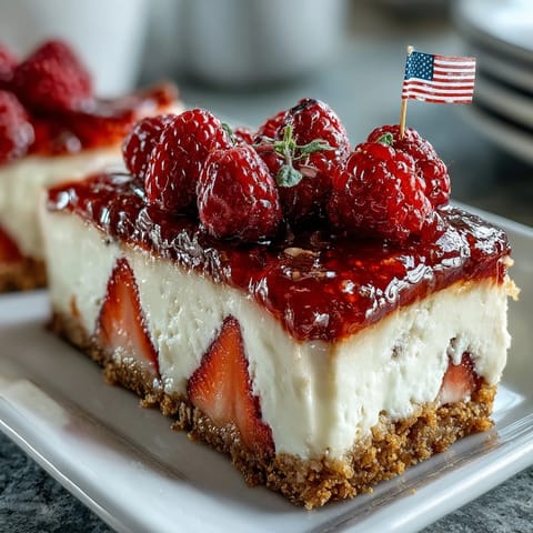 Festive no-bake cheesecake decorated with fresh berries to resemble the American flag for Fourth of July celebrations.  