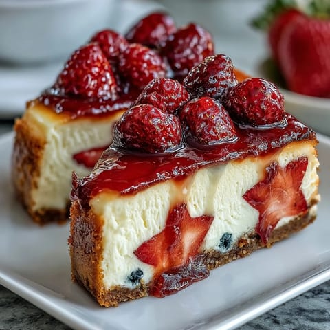 Creamy, chilled cheesecake with vibrant blueberries and strawberries arranged in patriotic stripes, perfect for Independence Day gatherings.  