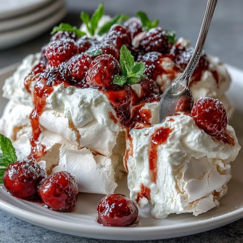 Delicate pavlova shell with soft marshmallow center, topped with fluffy whipped cream and vibrant mixed berries for a stunning Mothers Day dessert.