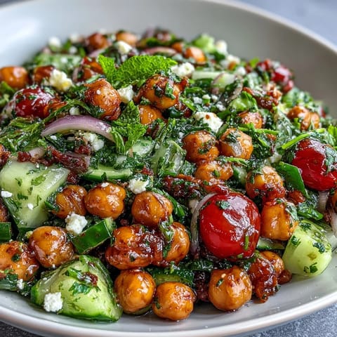 Cold Chickpea Salad with Lemon Herbs: a colorful bowl of crisp cucumbers, juicy tomatoes, and fresh herbs tossed with zesty lemon dressing.