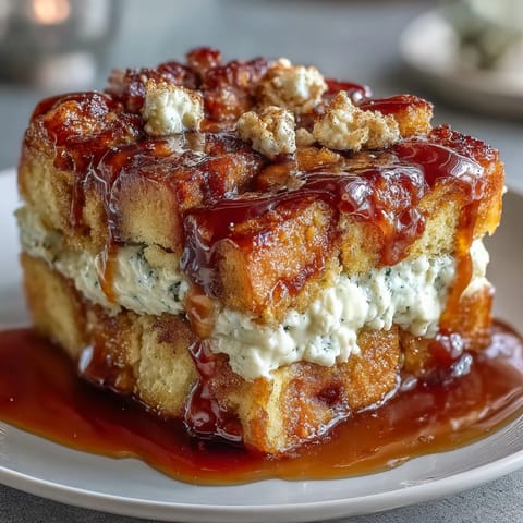 Golden slices of Caramel Cream Cheese French Toast Casserole, a baked delight for brunch.