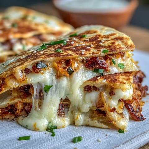 Crispy kimchi quesadillas with melted cheese and tangy fermented vegetables, served hot and golden brown.