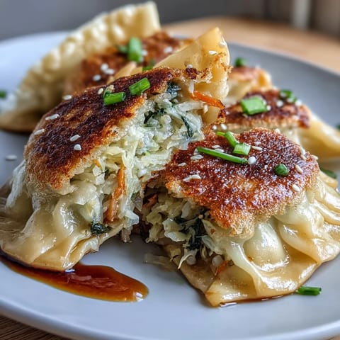 Crispy cabbage dumplings golden brown in skillet, filled with seasoned shredded cabbage and carrots.  