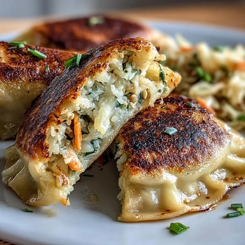 Pan-fried cabbage dumplings served with fragrant ginger soy dipping sauce, perfect appetizer for gatherings.  